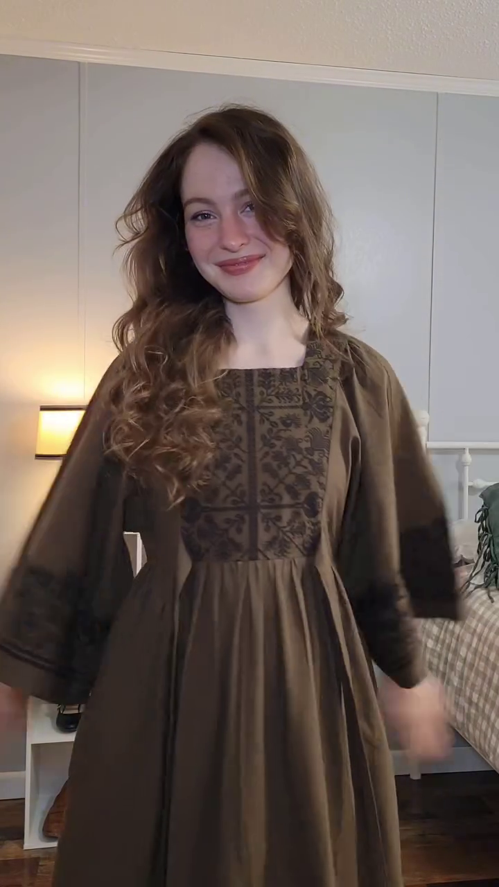 Long Brown Dress 🤎👗 with Intricate Dark Embroidery ✨ Square Neckline 📐 Flowing Sleeves 🌸 and Classic Boots 👢