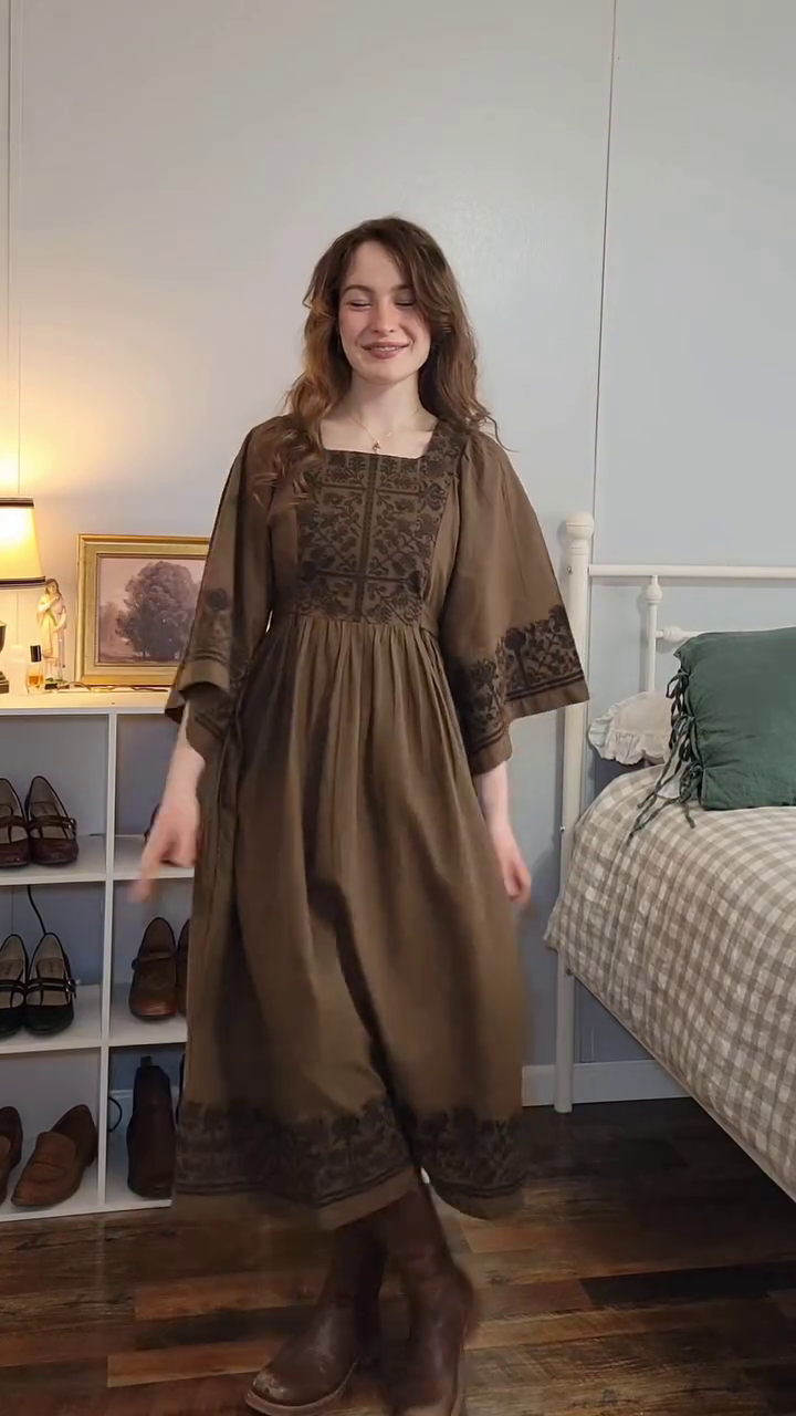 Long Brown Dress 🤎👗 with Intricate Dark Embroidery ✨ Square Neckline 📐 Flowing Sleeves 🌸 and Classic Boots 👢