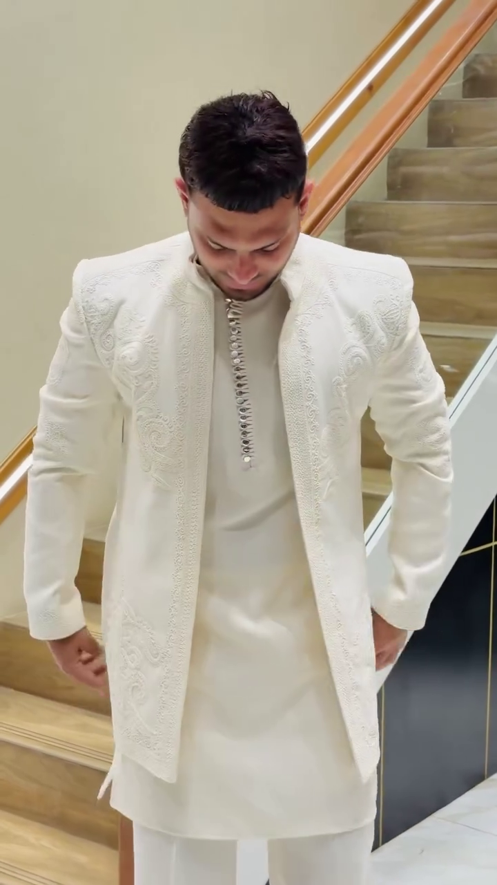 Cream Sherwani 🤍👔 with Intricate Embroidery ✨ Matching Trousers 👖 and Black Formal Shoes 👞
