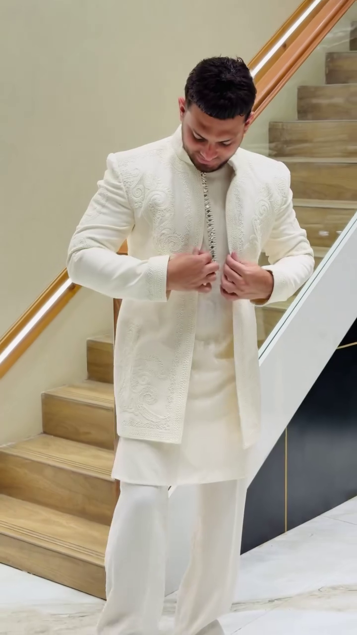 Cream Sherwani 🤍👔 with Intricate Embroidery ✨ Matching Trousers 👖 and Black Formal Shoes 👞
