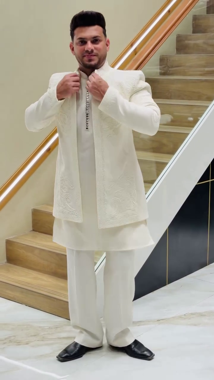 Cream Sherwani 🤍👔 with Intricate Embroidery ✨ Matching Trousers 👖 and Black Formal Shoes 👞