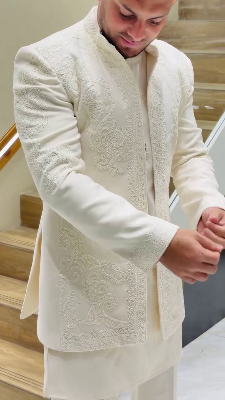Cream Sherwani 🤍👔 with Intricate Embroidery ✨ Matching Trousers 👖 and Black Formal Shoes 👞