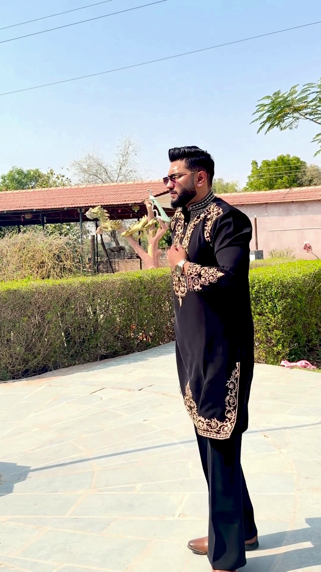 Black Kurta 🖤👔 with Gold Embroidery ✨ Coordinated Black Trousers 👖 and Brown Formal Shoes 👞