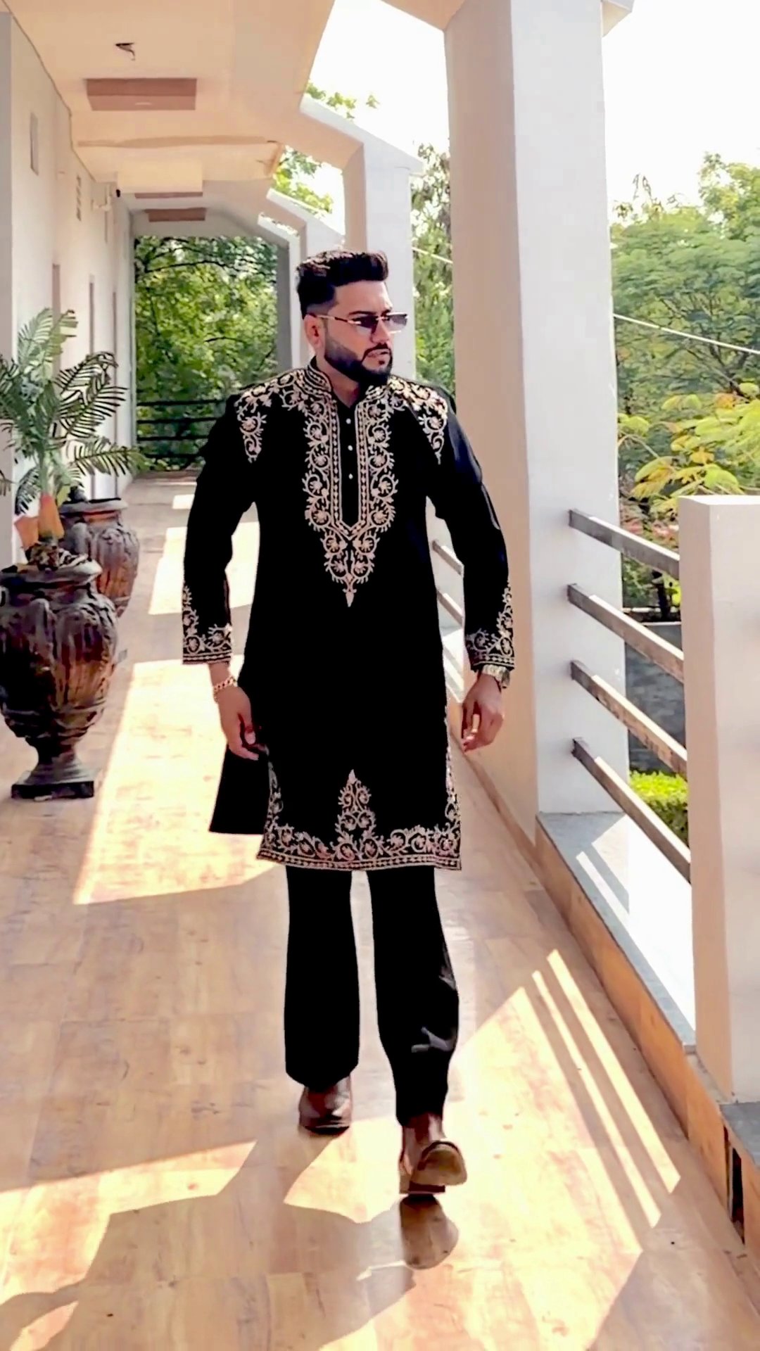 Black Kurta 🖤👔 with Gold Embroidery ✨ Coordinated Black Trousers 👖 and Brown Formal Shoes 👞