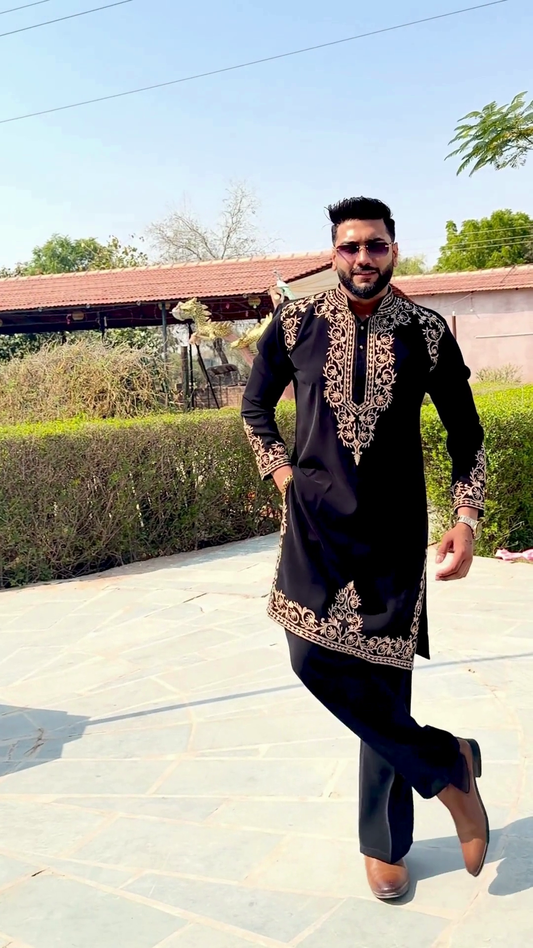 Black Kurta 🖤👔 with Gold Embroidery ✨ Coordinated Black Trousers 👖 and Brown Formal Shoes 👞
