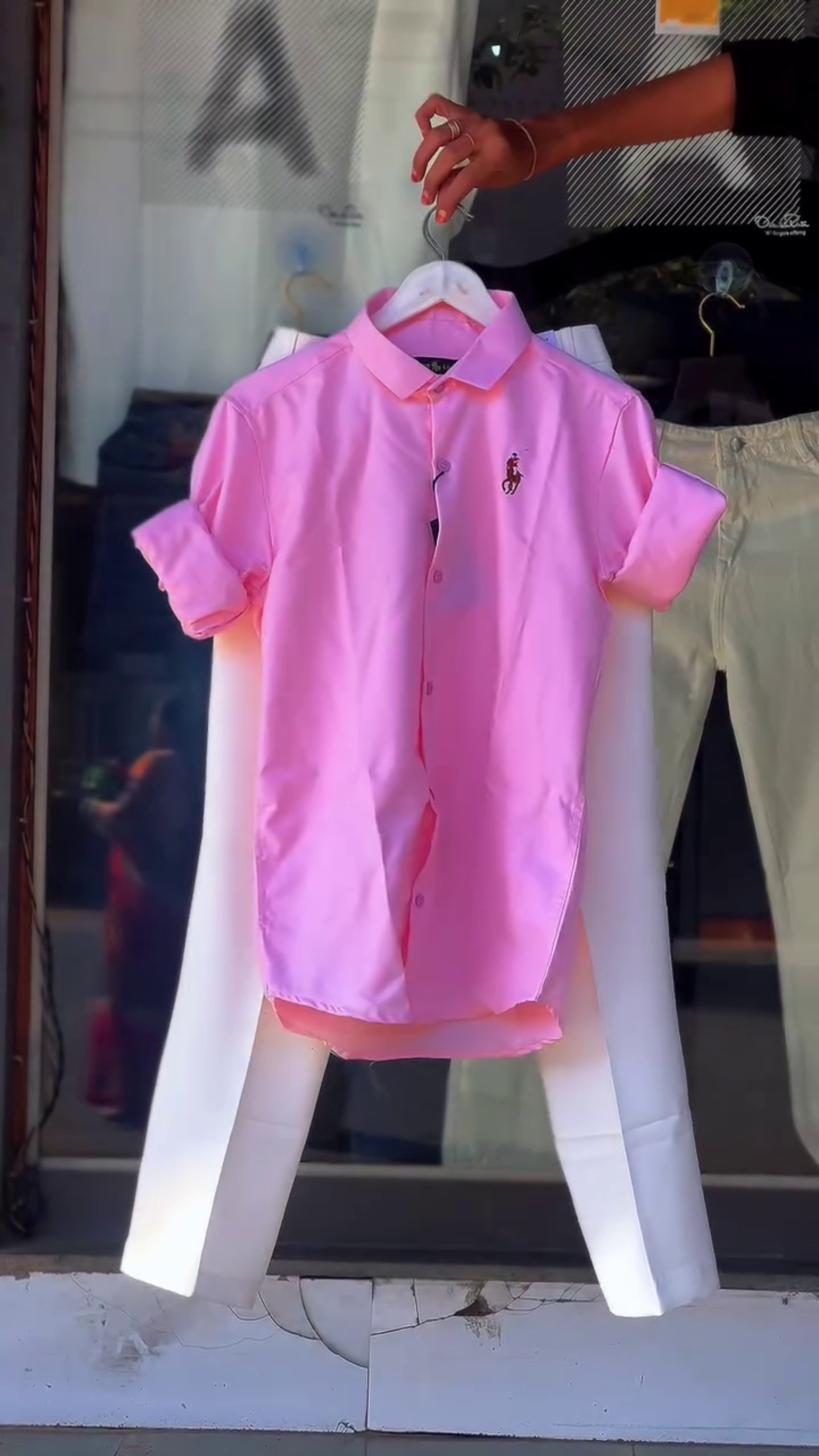 Green Short-Sleeved Button-Up Shirt 💚👕 with White Embroidered Logo ✨ Paired with White Pants 🤍👖