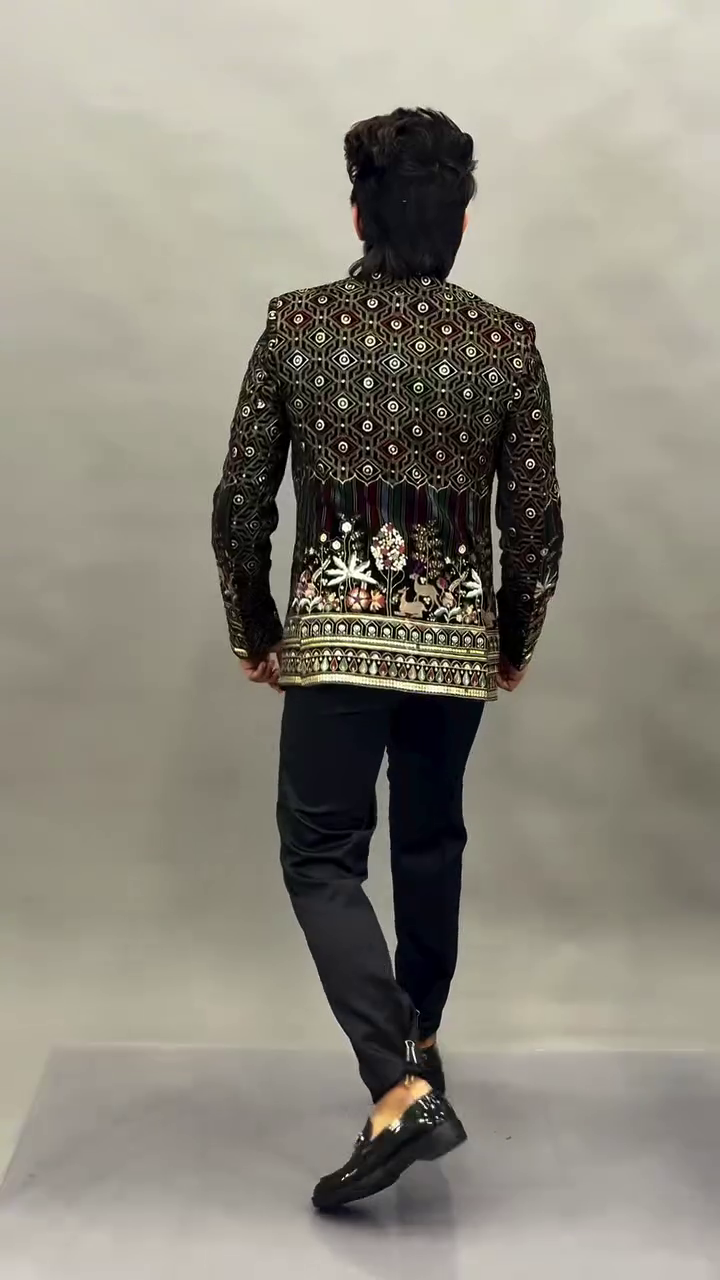 Black Sequined Blazer 🖤✨ with Intricate Floral Embroidery 🌸 Decorative Buttons ⚪ Stylish Black Trousers 👖 and Shiny Loafers 👞