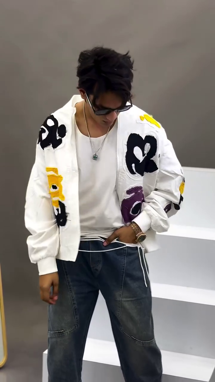 White Artistic Jacket 🤍🎨 with Abstract Colorful Patches 💛💜🖤 Zipper Front ✨ and Dark Denim Jeans 👖