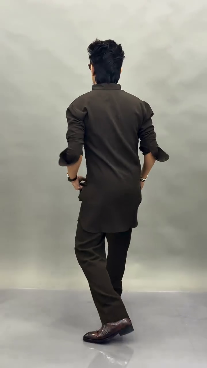 Traditional Brown Kurta 🤎👔 with Rolled Sleeves ✨ Matching Trousers 👖 and Formal Brown Shoes 👞