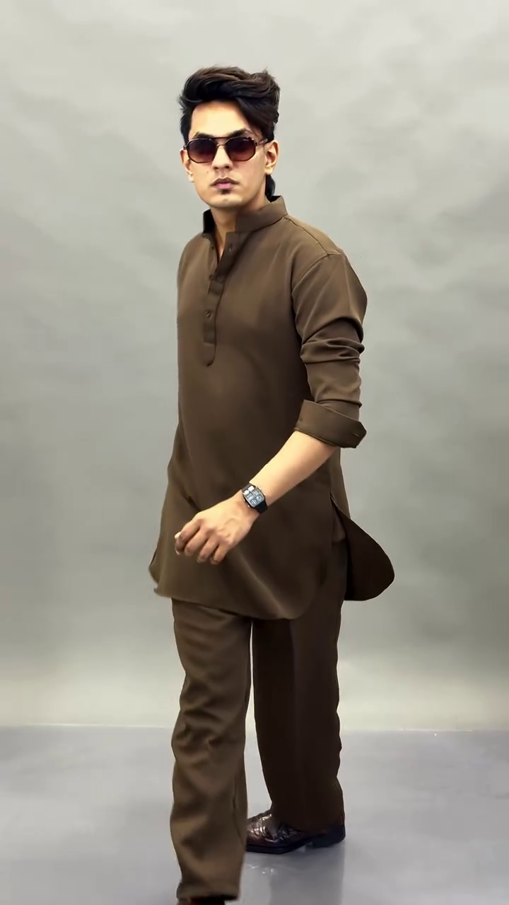 Traditional Brown Kurta 🤎👔 with Rolled Sleeves ✨ Matching Trousers 👖 and Formal Brown Shoes 👞