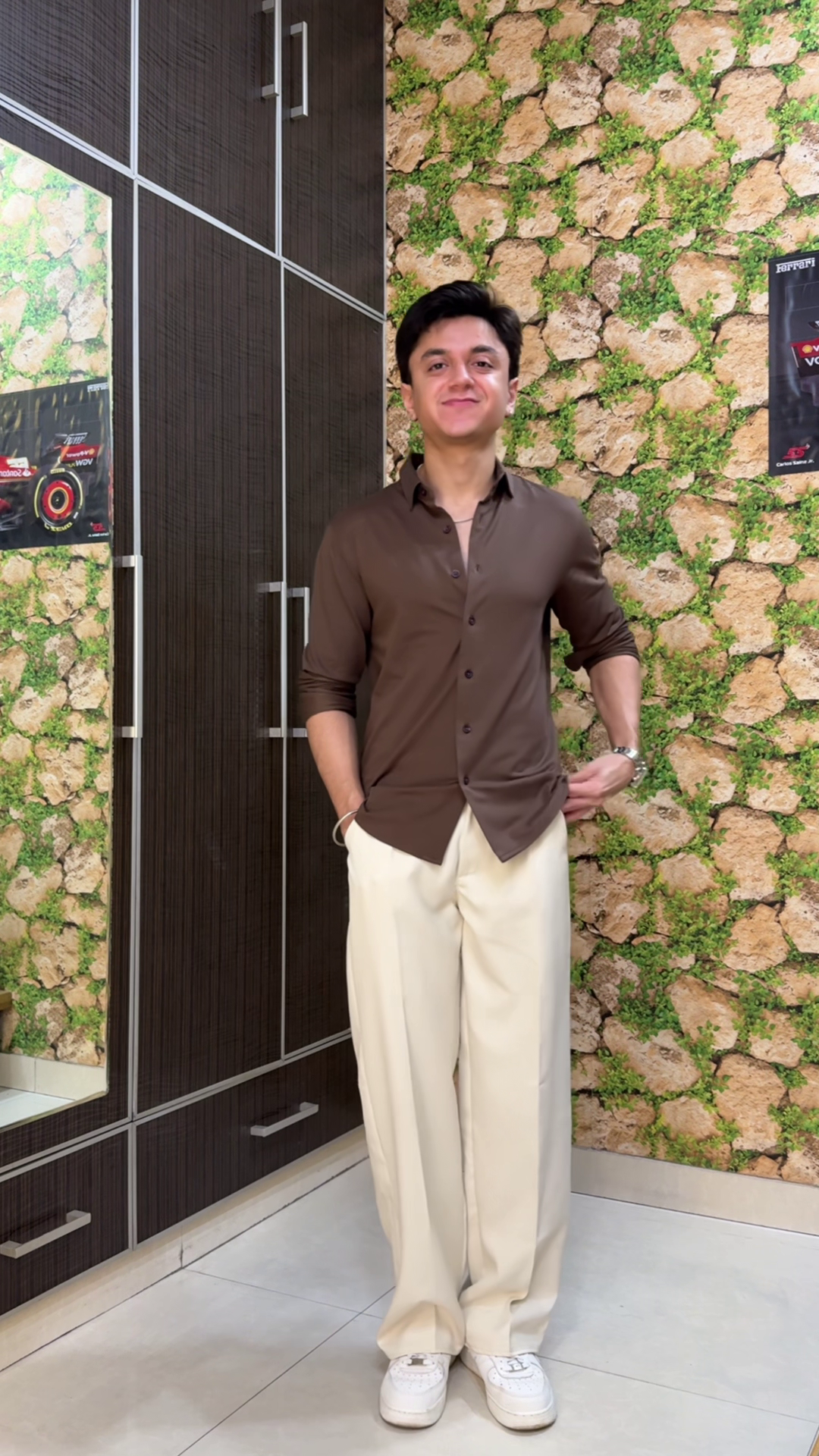 Navy Blue Button-Up Shirt 💙👕 with Cream Wide-Leg Pants 🤍👖 and White Sneakers 👟