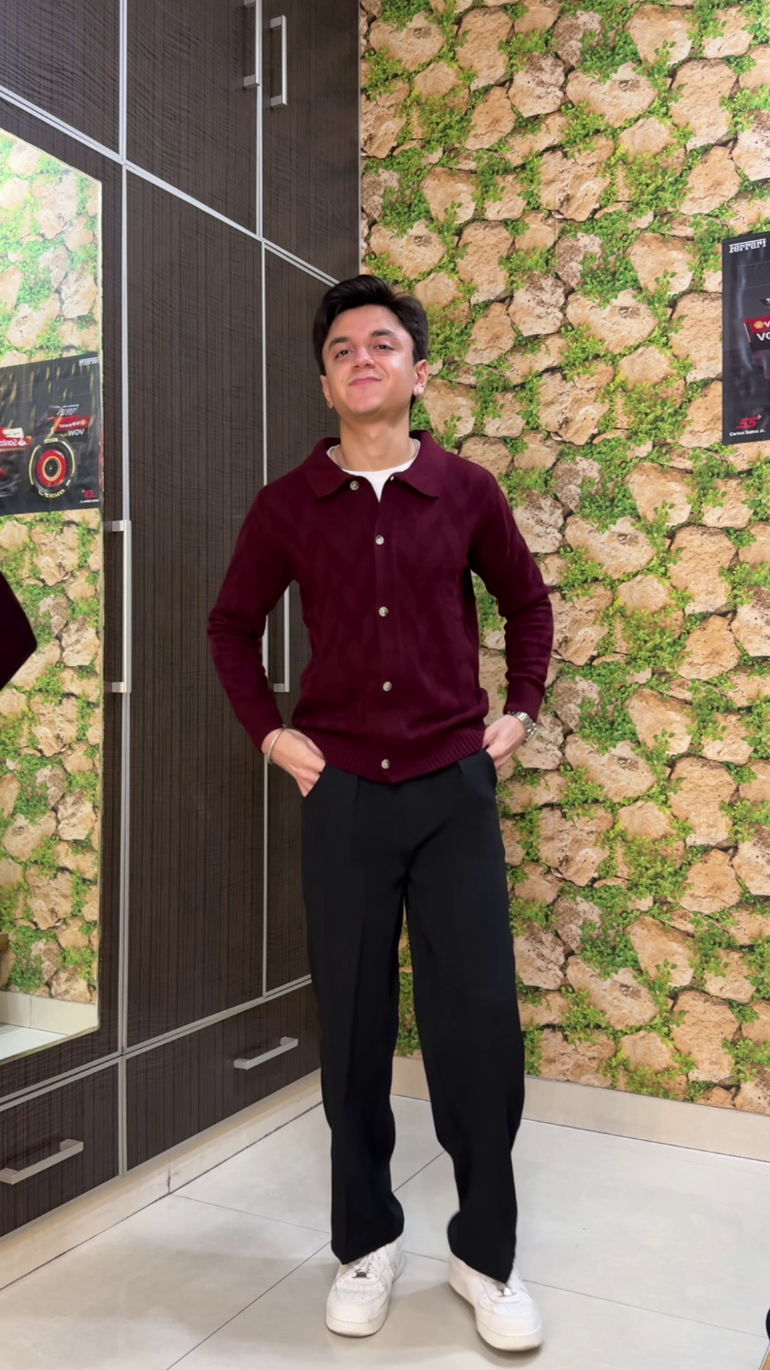 Navy Blue Button-Up Shirt 💙👕 with Cream Wide-Leg Pants 🤍👖 and White Sneakers 👟