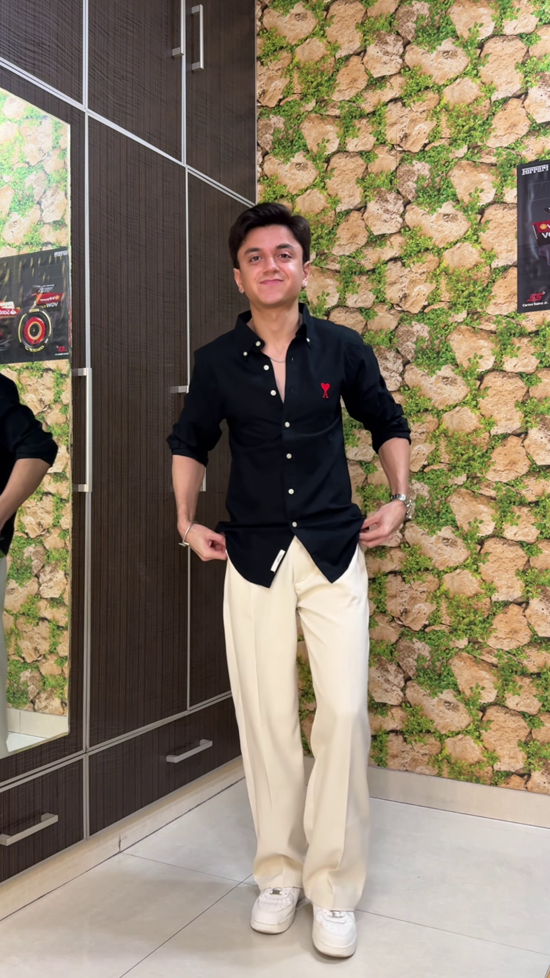 Navy Blue Button-Up Shirt 💙👕 with Cream Wide-Leg Pants 🤍👖 and White Sneakers 👟