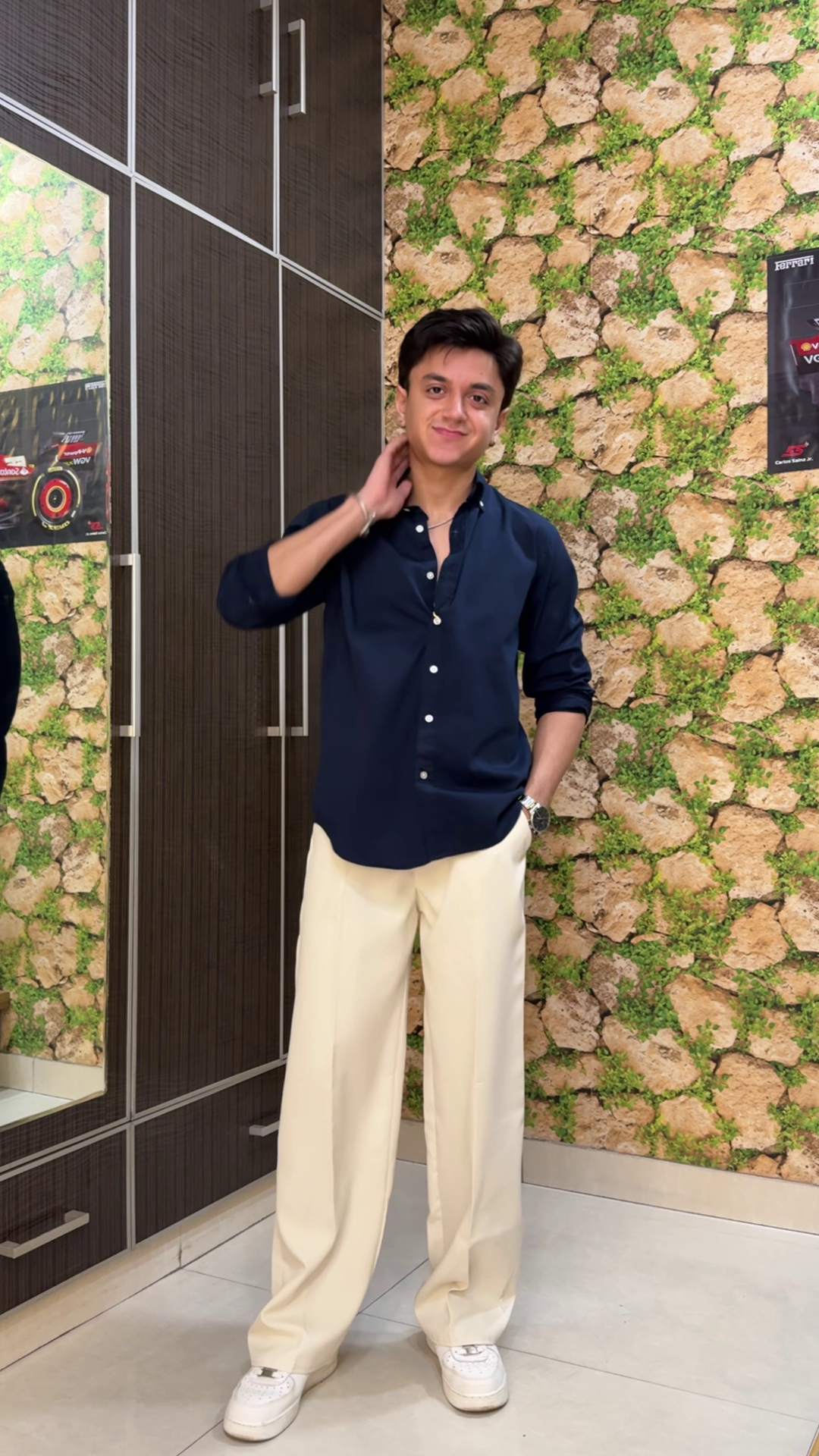 Navy Blue Button-Up Shirt 💙👕 with Cream Wide-Leg Pants 🤍👖 and White Sneakers 👟