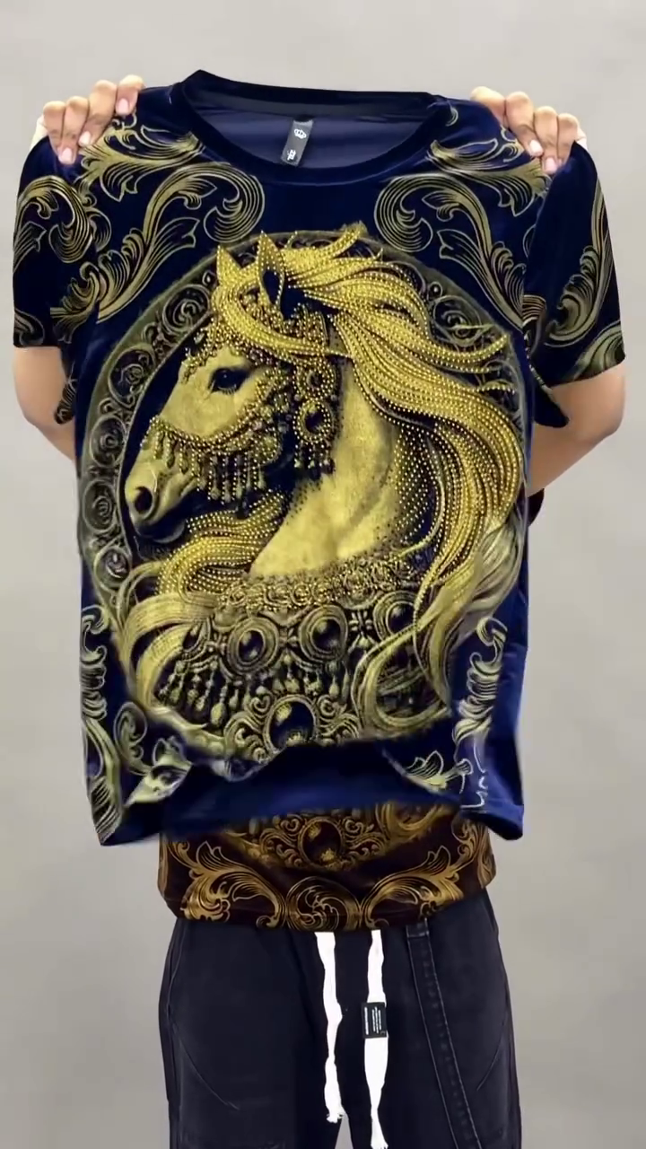 Dark Brown & Gold Ornate Shirt 🤎✨ with Horse Head Motif 🐎 Swirling Decorative Patterns 🌟 Paired with Black Cargo Pants 👖