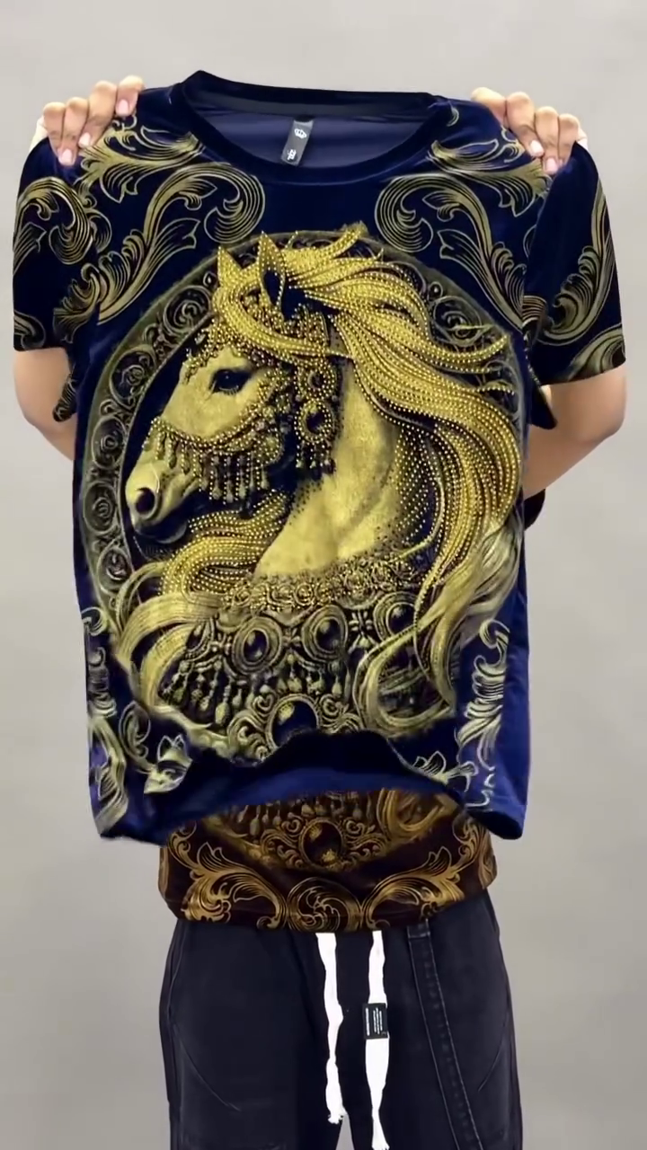 Dark Brown & Gold Ornate Shirt 🤎✨ with Horse Head Motif 🐎 Swirling Decorative Patterns 🌟 Paired with Black Cargo Pants 👖