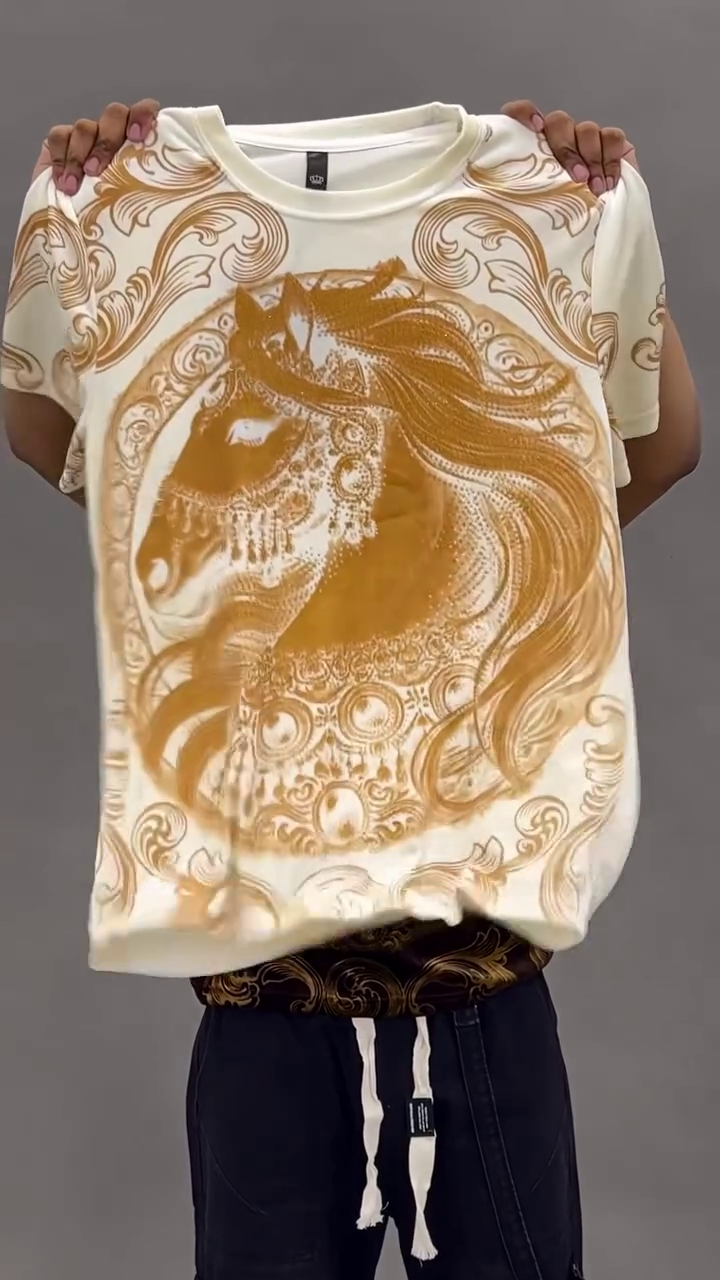 Dark Brown & Gold Ornate Shirt 🤎✨ with Horse Head Motif 🐎 Swirling Decorative Patterns 🌟 Paired with Black Cargo Pants 👖