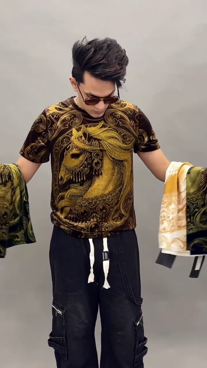 Dark Brown & Gold Ornate Shirt 🤎✨ with Horse Head Motif 🐎 Swirling Decorative Patterns 🌟 Paired with Black Cargo Pants 👖