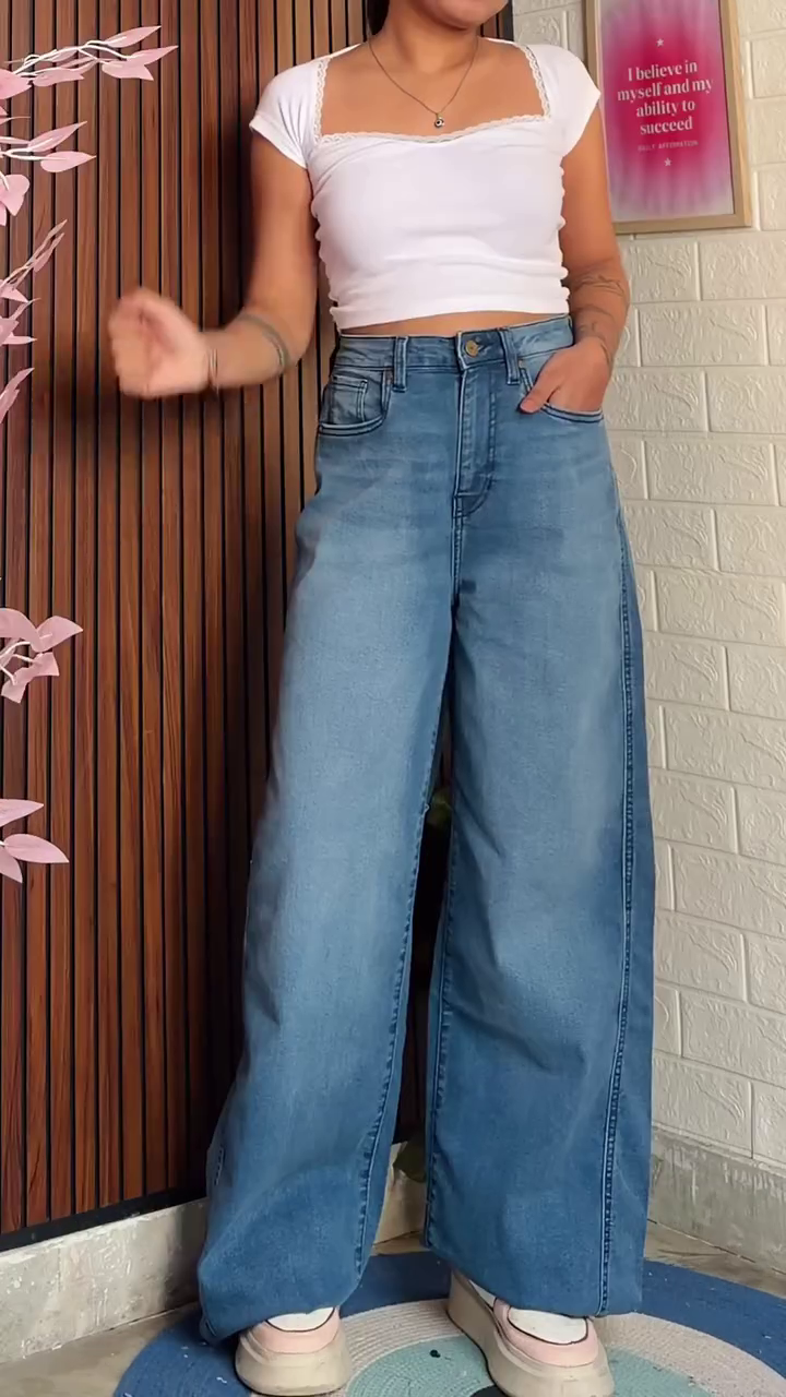 White Cropped Lace-Trim Top 🤍👕 with High-Waisted Wide-Leg Blue Jeans 💙👖 and White Sneakers 👟 Casual Chic Styling 🌸