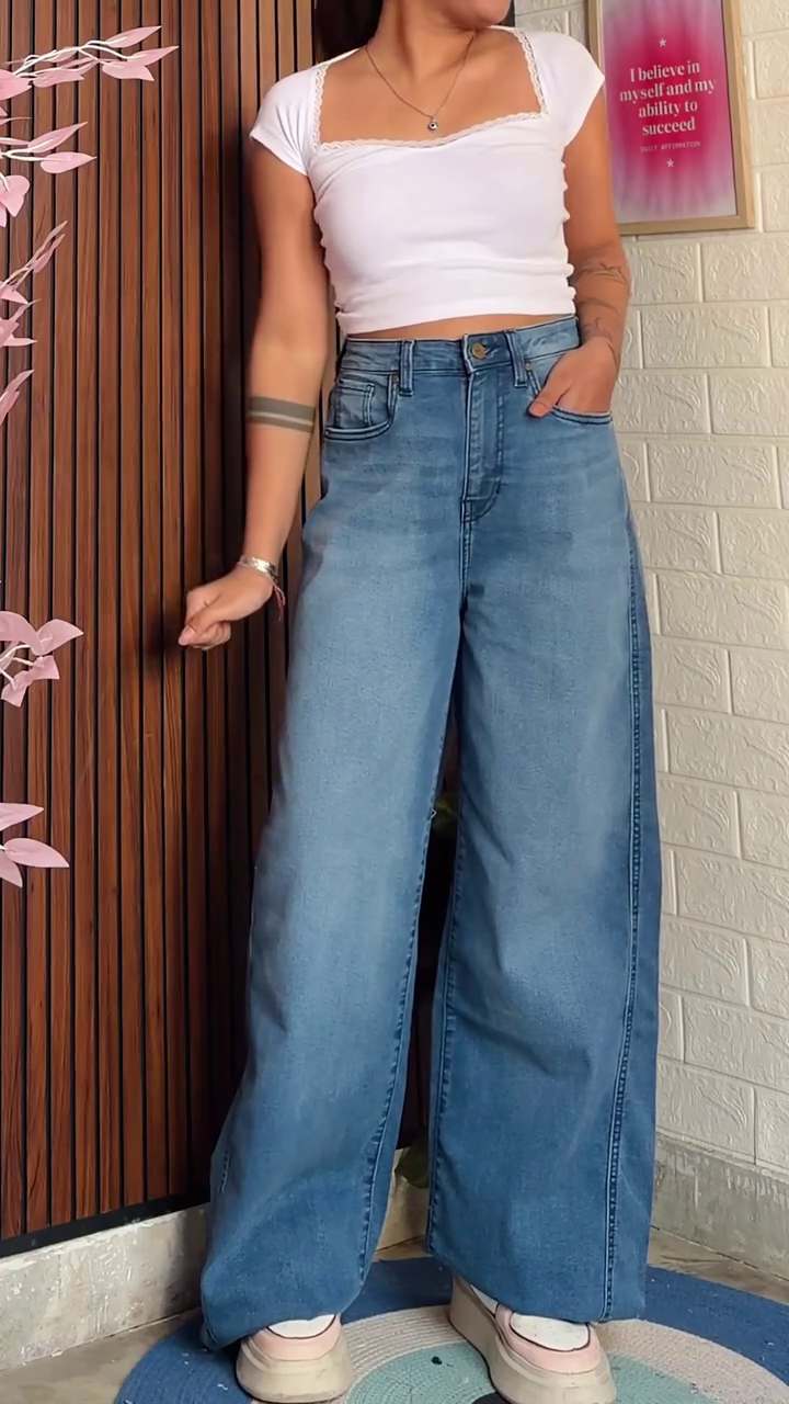 White Cropped Lace-Trim Top 🤍👕 with High-Waisted Wide-Leg Blue Jeans 💙👖 and White Sneakers 👟 Casual Chic Styling 🌸