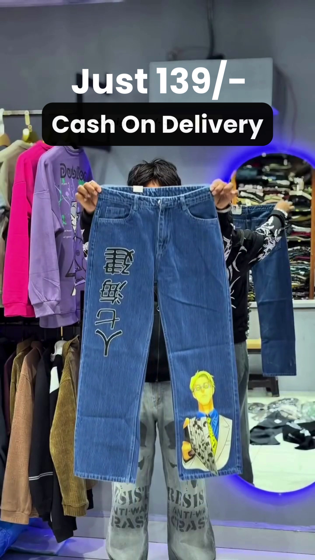 White Anime-Graphic Pants 🤍👖 with Colorful Japanese-Inspired Illustrations 🎨🗾 Stylized Eyes 👁️ Character Artwork 🧑‍🎨 and Bold Streetwear Appeal ✨