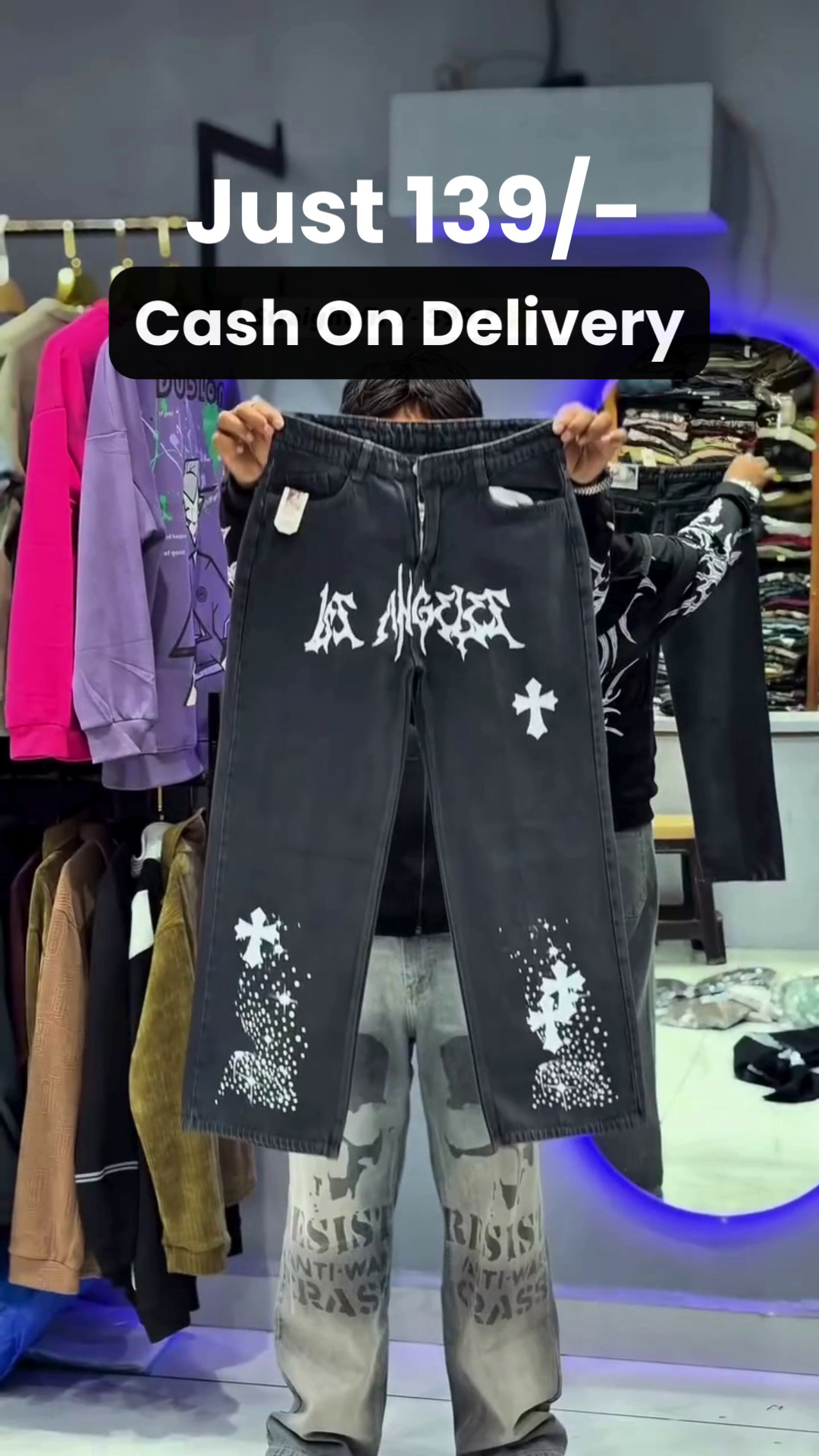 White Anime-Graphic Pants 🤍👖 with Colorful Japanese-Inspired Illustrations 🎨🗾 Stylized Eyes 👁️ Character Artwork 🧑‍🎨 and Bold Streetwear Appeal ✨