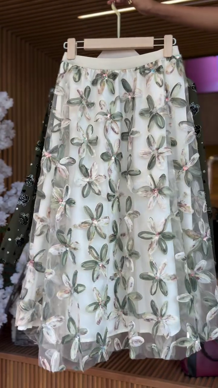 Women’s Elegant Olive Green Long Sleeve Floral Printed Crop Top 🌿🌹 with Sheer Mesh Overlay ✨🪡 and Coordinated Cream Floral A-Line Flowy Midi Skirt 🤍🌸 – Two-Piece Stylish Party & Casual Wear Set 👗💃 – Soft Lightweight Breathable Fabric 🌬️🌼 – Modern Chic Outfit Ensemble 💚
