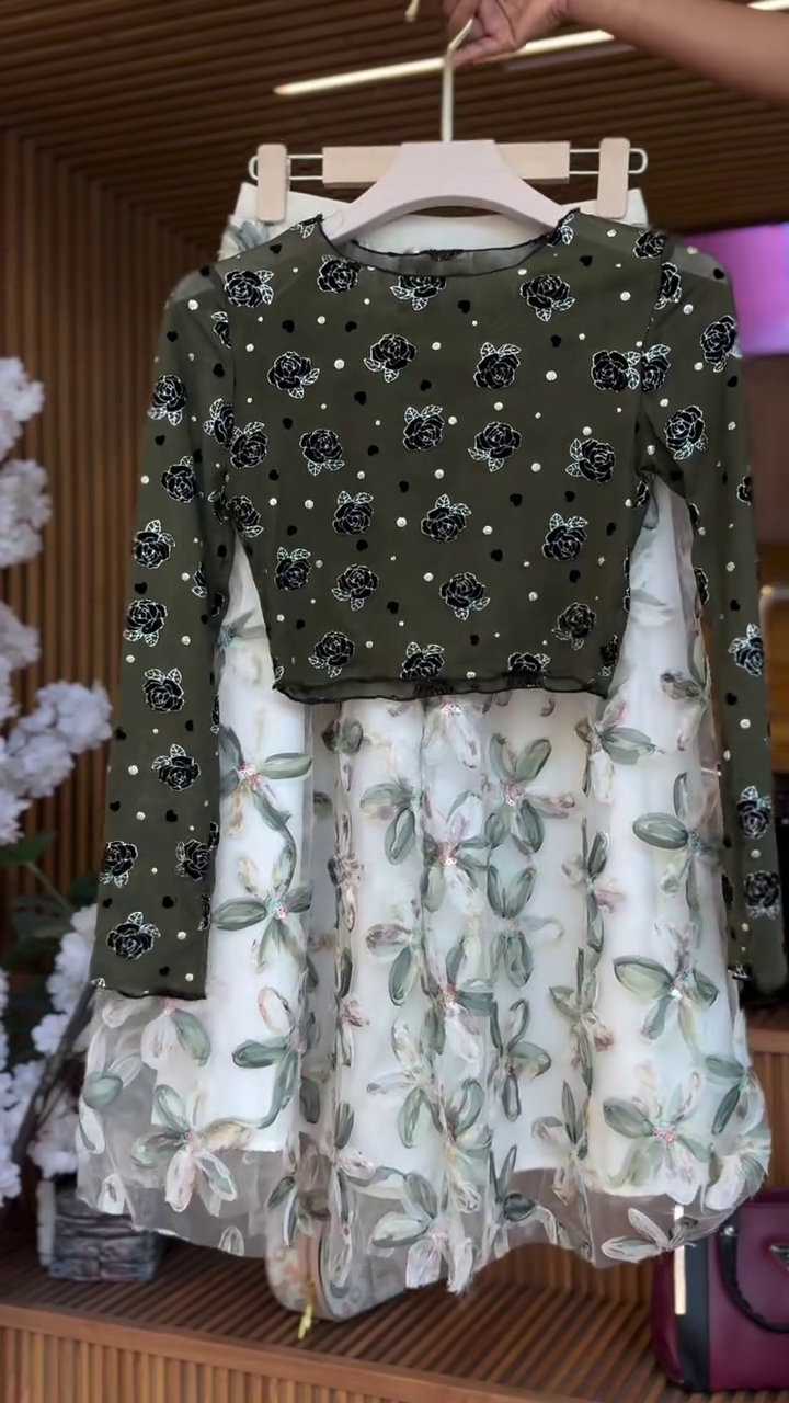 Women’s Elegant Olive Green Long Sleeve Floral Printed Crop Top 🌿🌹 with Sheer Mesh Overlay ✨🪡 and Coordinated Cream Floral A-Line Flowy Midi Skirt 🤍🌸 – Two-Piece Stylish Party & Casual Wear Set 👗💃 – Soft Lightweight Breathable Fabric 🌬️🌼 – Modern Chic Outfit Ensemble 💚
