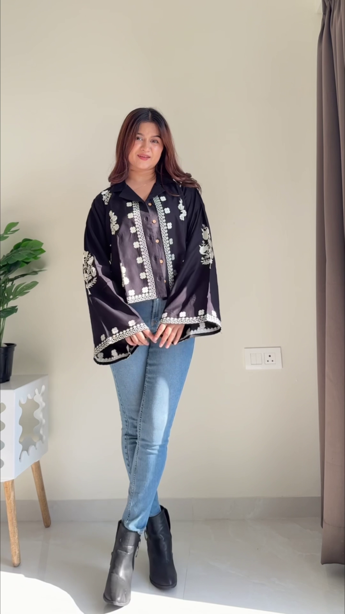 Women’s Elegant Black Button-Down Embroidered Shirt 🖤✨ with White Floral Thread Work 🌸🧵 and Dramatic Flared Bell Sleeves 🔔💫 – Collared Long Sleeve Statement Top 👚🔥 – Premium Soft Flowing Fabric 🌬️ – Modern Chic Casual & Semi-Formal Wear 🌟