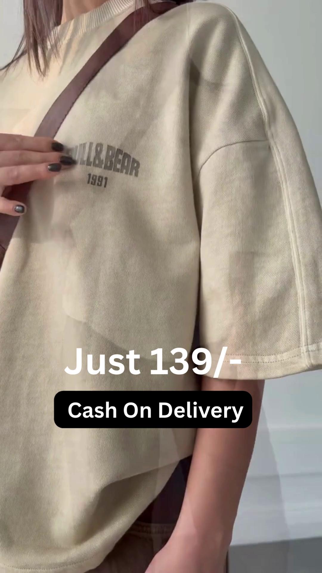 Minimalist Cream Oversized Half-Sleeve Drop-Shoulder T-Shirt with Brown Utility Wide-Leg Cargo Trousers & Adjustable Crossbody Strap Casual Streetwear Set (Logo-Free Edition)