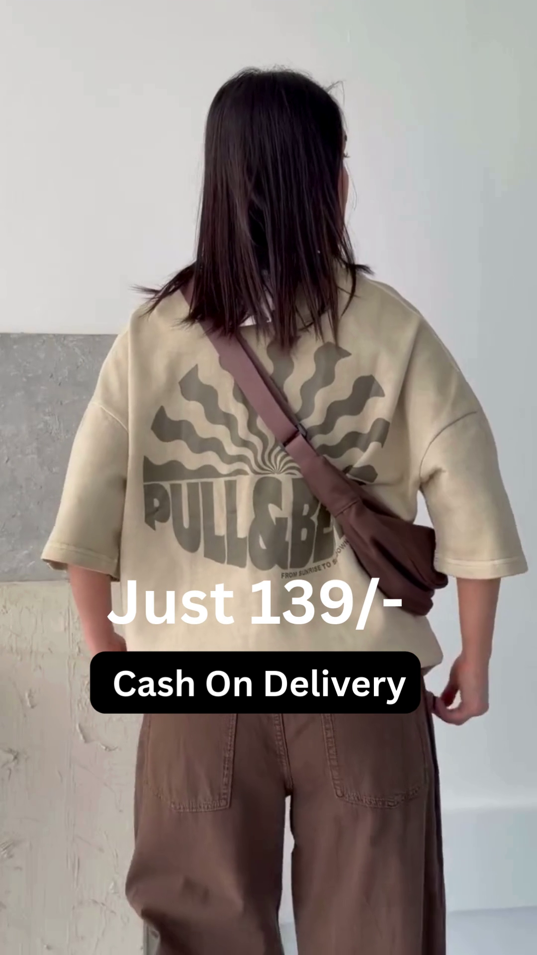 Minimalist Cream Oversized Half-Sleeve Drop-Shoulder T-Shirt with Brown Utility Wide-Leg Cargo Trousers & Adjustable Crossbody Strap Casual Streetwear Set (Logo-Free Edition)