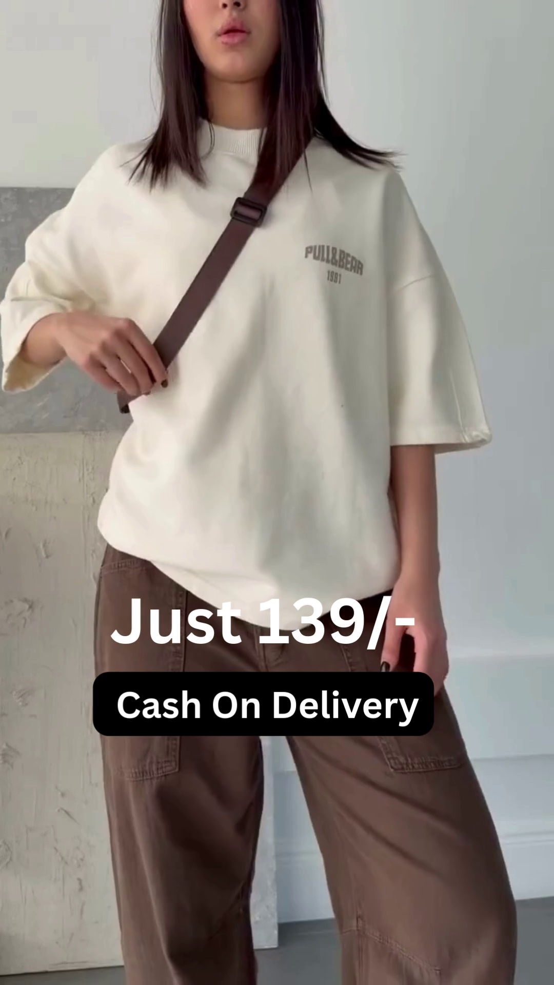 Minimalist Cream Oversized Half-Sleeve Drop-Shoulder T-Shirt with Brown Utility Wide-Leg Cargo Trousers & Adjustable Crossbody Strap Casual Streetwear Set (Logo-Free Edition)