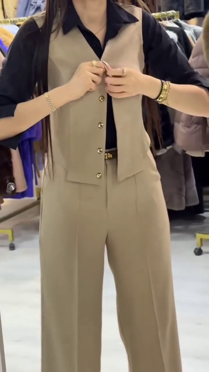 Elegant Beige Three-Piece Tailored Blazer, Gold-Button V-Neck Waistcoat & High-Waisted Wide-Leg Formal Trousers Power Suit Set with Black Contrast Inner Shirt Styling (Logo-Free Edition)