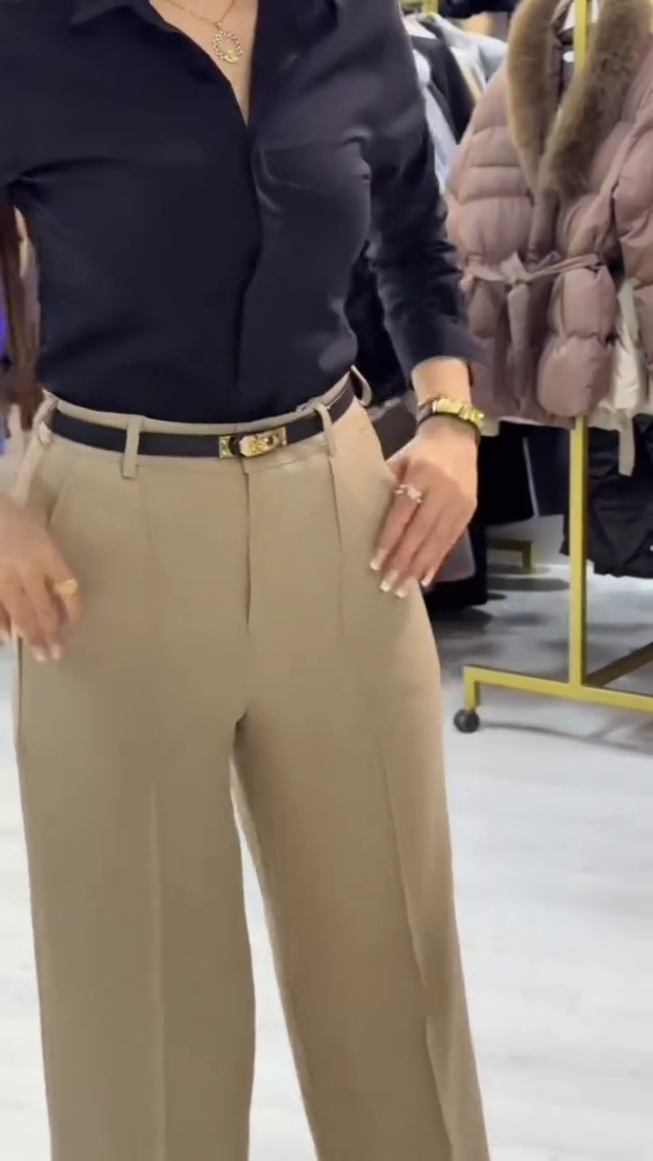 Elegant Beige Three-Piece Tailored Blazer, Gold-Button V-Neck Waistcoat & High-Waisted Wide-Leg Formal Trousers Power Suit Set with Black Contrast Inner Shirt Styling (Logo-Free Edition)