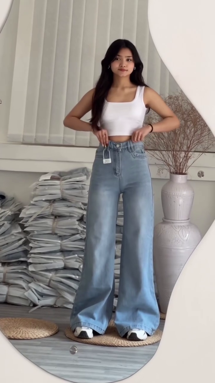 Light Blue High-Waisted Ultra Wide-Leg Flared Denim Jeans with White Fitted Sleeveless Square-Neck Crop Tank Top Casual Streetwear Set (Logo-Free Edition)