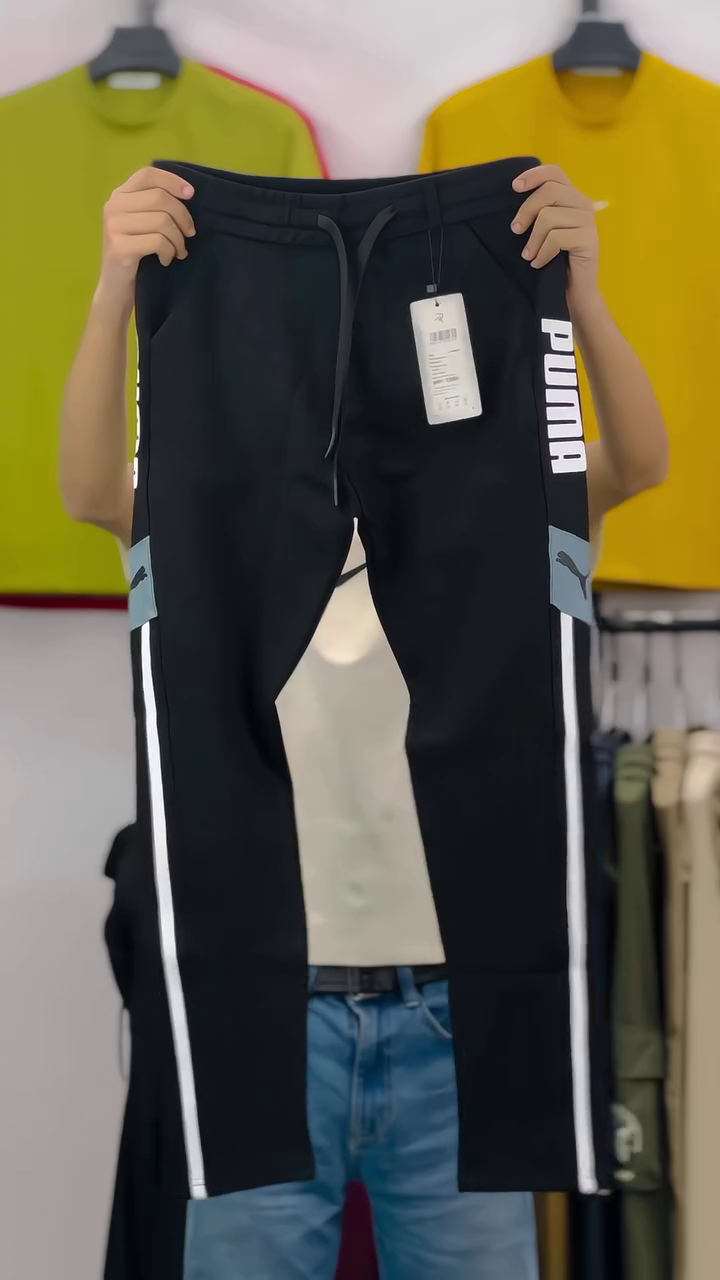 Black Slim-Fit Athletic Track Pants with Side White Stripe Panel & Vertical Bold Text Print Detail Performance Joggers (Logo-Free Edition)