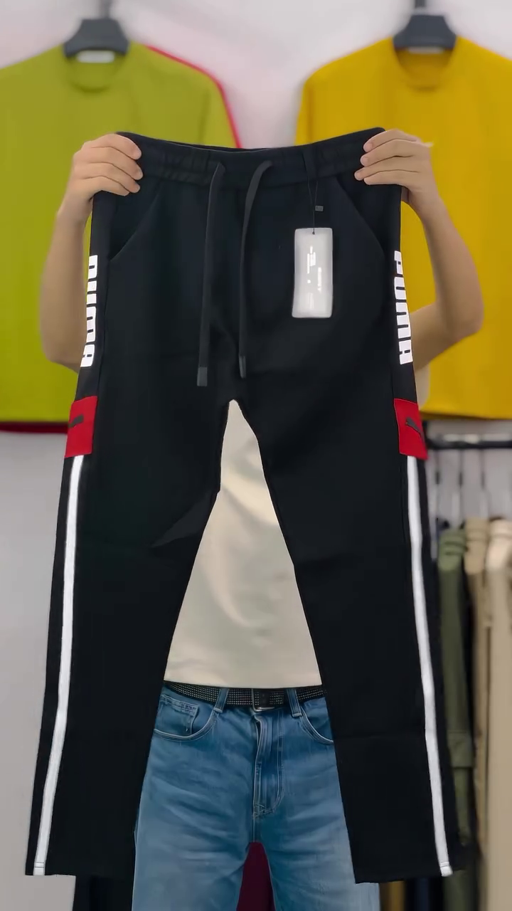 Black Slim-Fit Athletic Track Pants with Side White Stripe Panel & Vertical Bold Text Print Detail Performance Joggers (Logo-Free Edition)