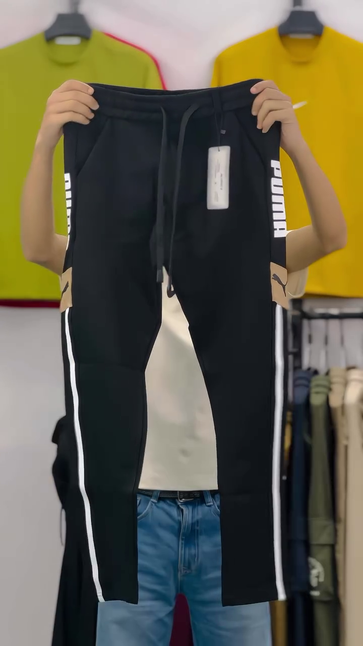 Black Slim-Fit Athletic Track Pants with Side White Stripe Panel & Vertical Bold Text Print Detail Performance Joggers (Logo-Free Edition)