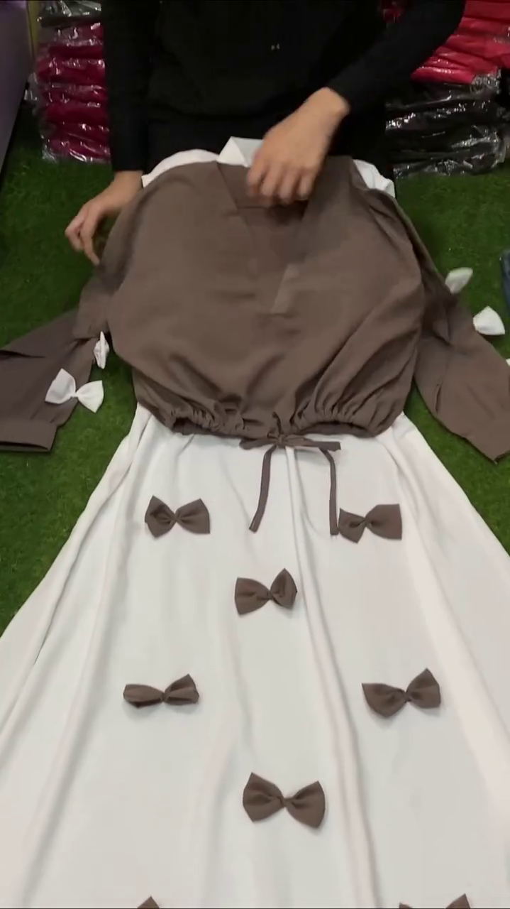 Brown Cropped Drawstring Blouson Top with Full-Length Sleeves Paired with Cream A-Line Flowy Skirt Featuring 3D Bow Appliqué Detail Co-Ord Set