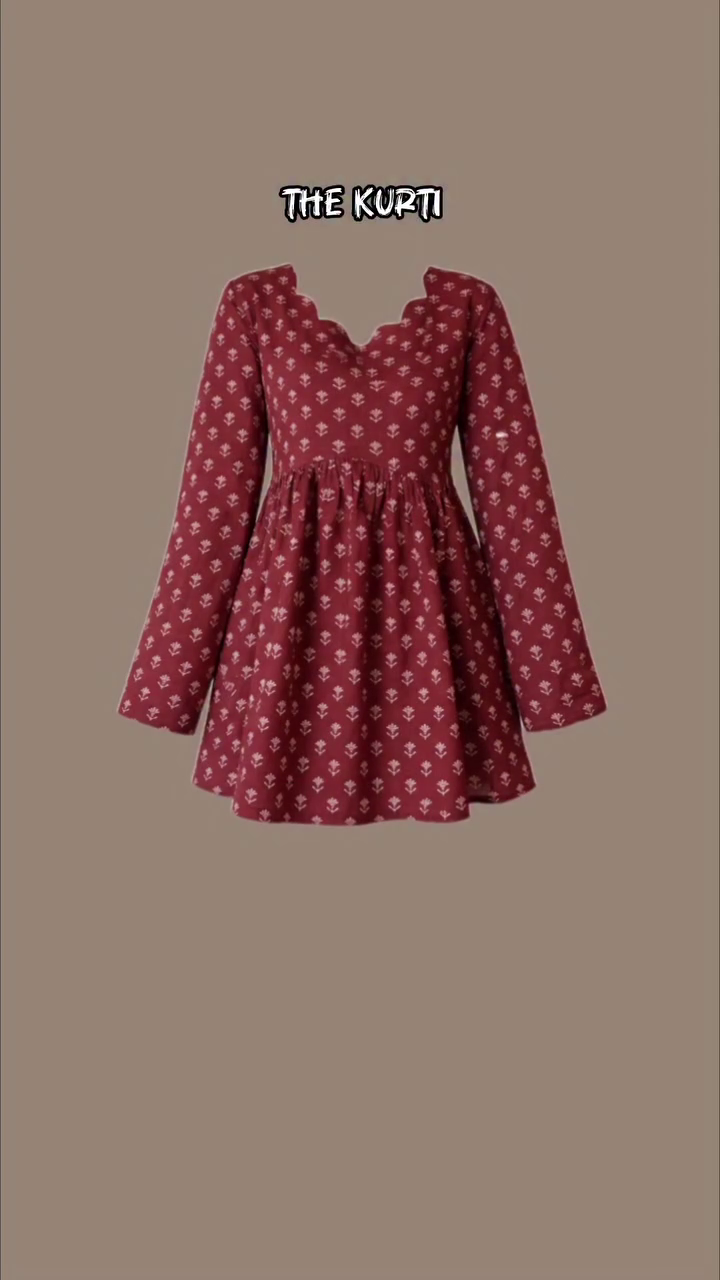 Maroon Long-Sleeve Printed Peplum Kurti-Style Top with Scalloped Neckline Paired with Dark Wide-Leg Denim Jeans Casual Fusion Outfit