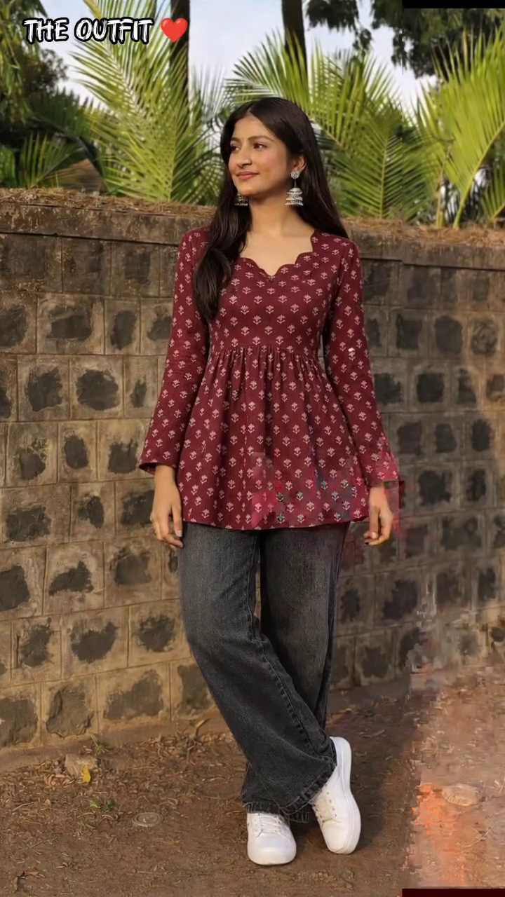 Maroon Long-Sleeve Printed Peplum Kurti-Style Top with Scalloped Neckline Paired with Dark Wide-Leg Denim Jeans Casual Fusion Outfit