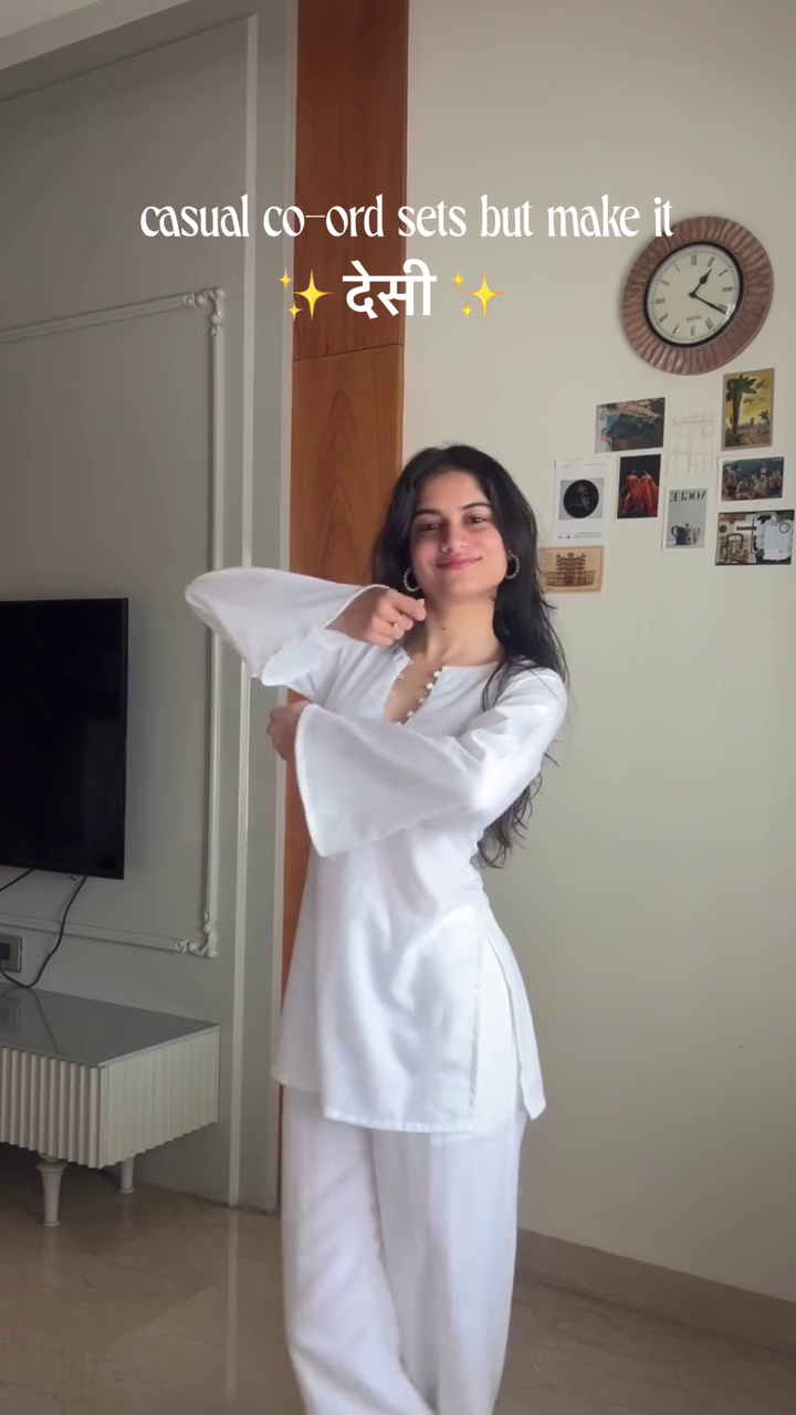 Minimalist White Long-Sleeve Straight Kurta with Relaxed Wide-Leg Palazzo Pants Casual Desi Co-Ord Set