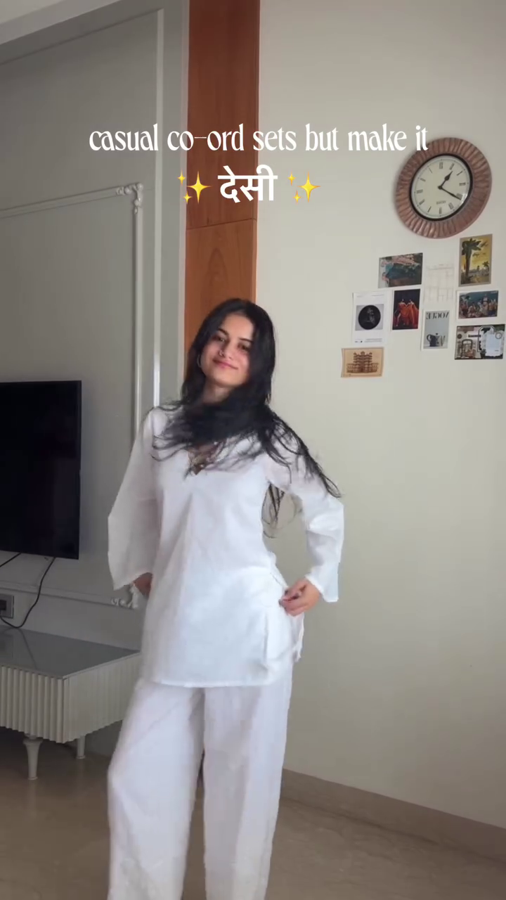 Minimalist White Long-Sleeve Straight Kurta with Relaxed Wide-Leg Palazzo Pants Casual Desi Co-Ord Set