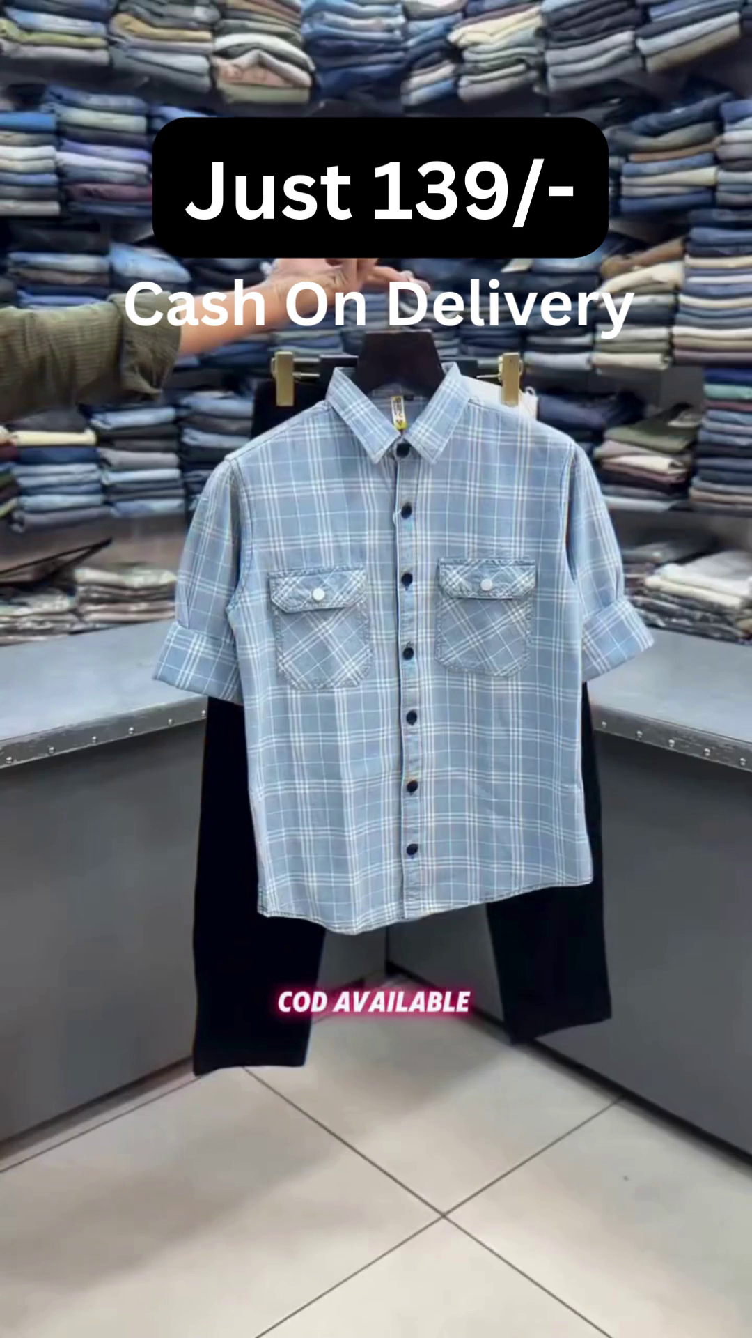 Grey Checkered Short-Sleeve Button-Down Shirt with Center Gothic Cross Graphic Print Paired with Black Straight-Fit Trousers Casual Streetwear Set