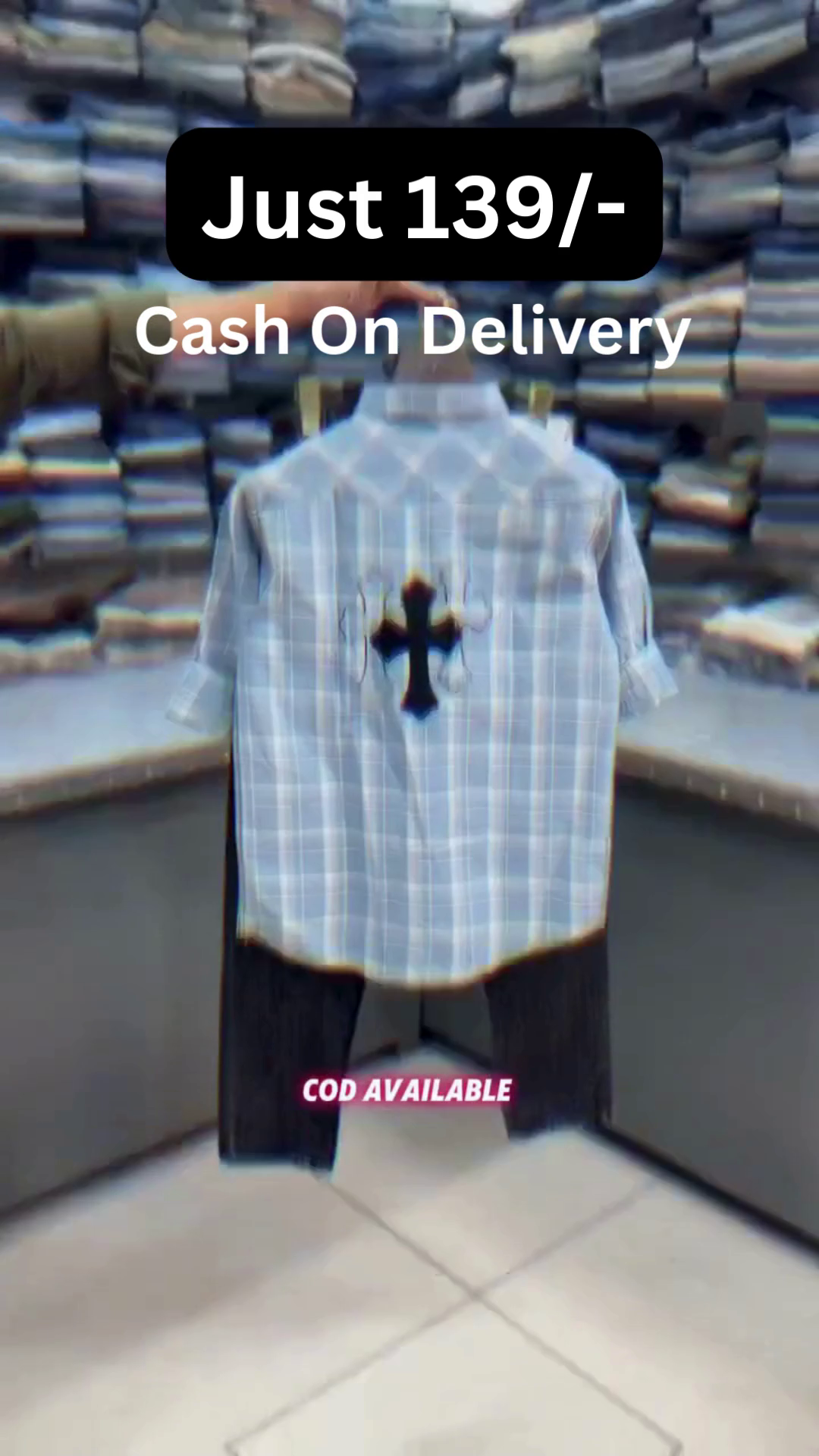 Grey Checkered Short-Sleeve Button-Down Shirt with Center Gothic Cross Graphic Print Paired with Black Straight-Fit Trousers Casual Streetwear Set