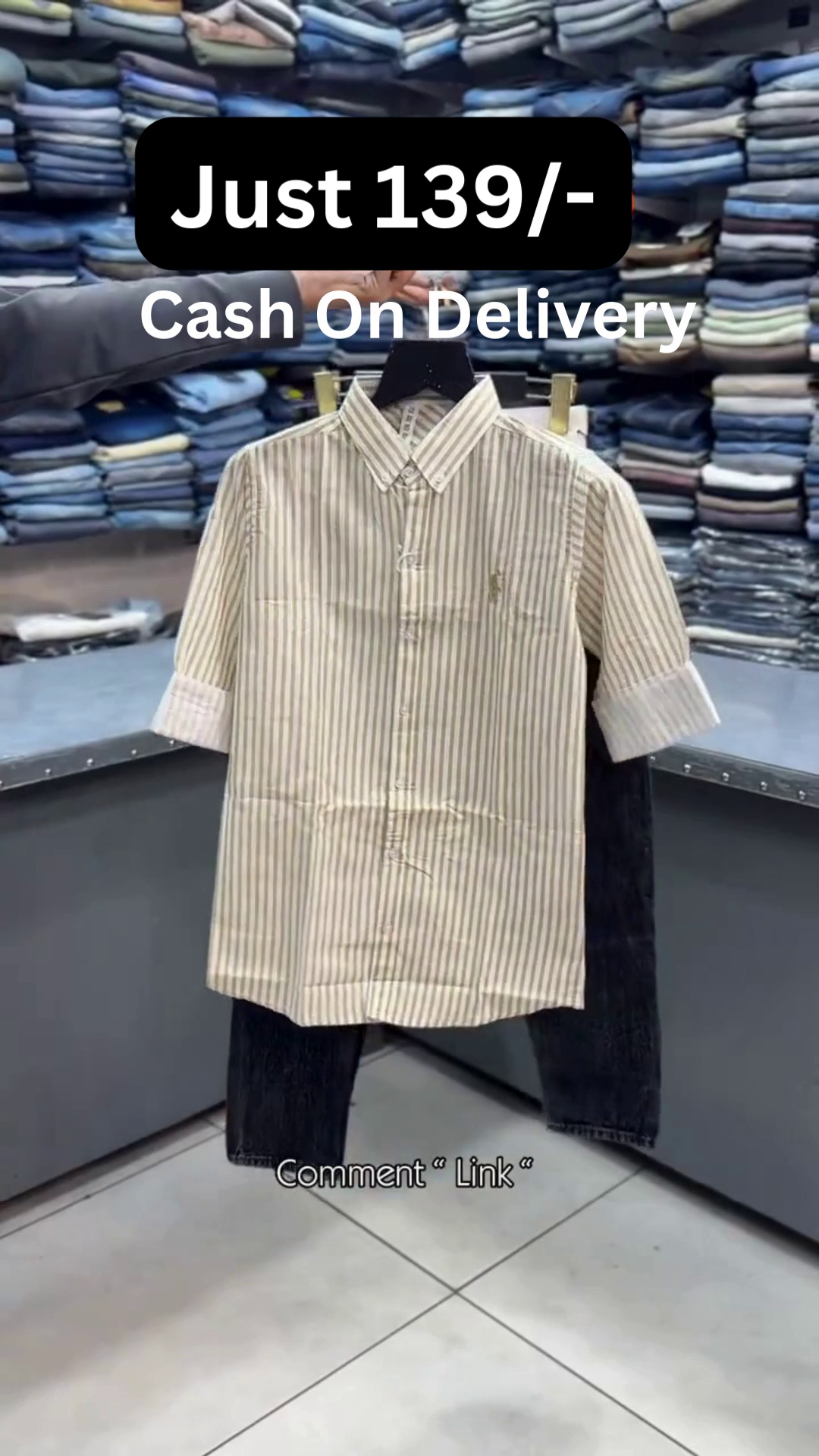 Beige Vertical Striped Short-Sleeve Collared Button-Up Shirt with Dark Straight-Leg Trousers Classic Casual Two-Piece Outfit
