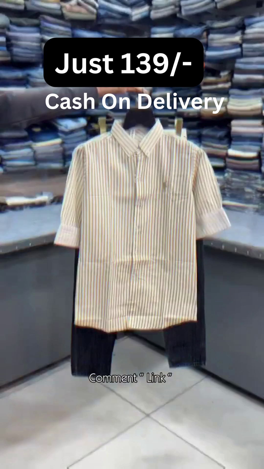 Beige Vertical Striped Short-Sleeve Collared Button-Up Shirt with Dark Straight-Leg Trousers Classic Casual Two-Piece Outfit