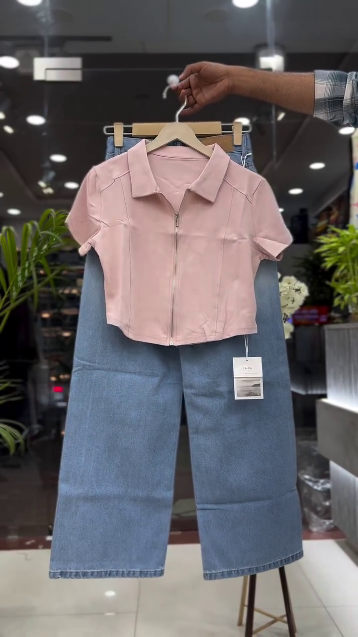 Soft Blush Pink Short-Sleeve Zip-Front Cropped Collar Top with High-Waisted Light Blue Wide-Leg Denim Culotte Jeans Trendy Modern Co-Ord Set