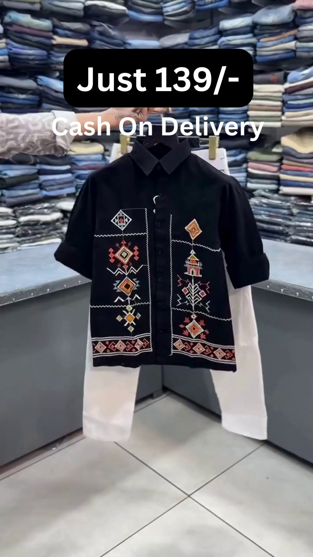 Black Short-Sleeve Ethnic Embroidered Front-Panel Shirt with White Straight-Fit Trousers Co-Ord Set for Men 👕✨