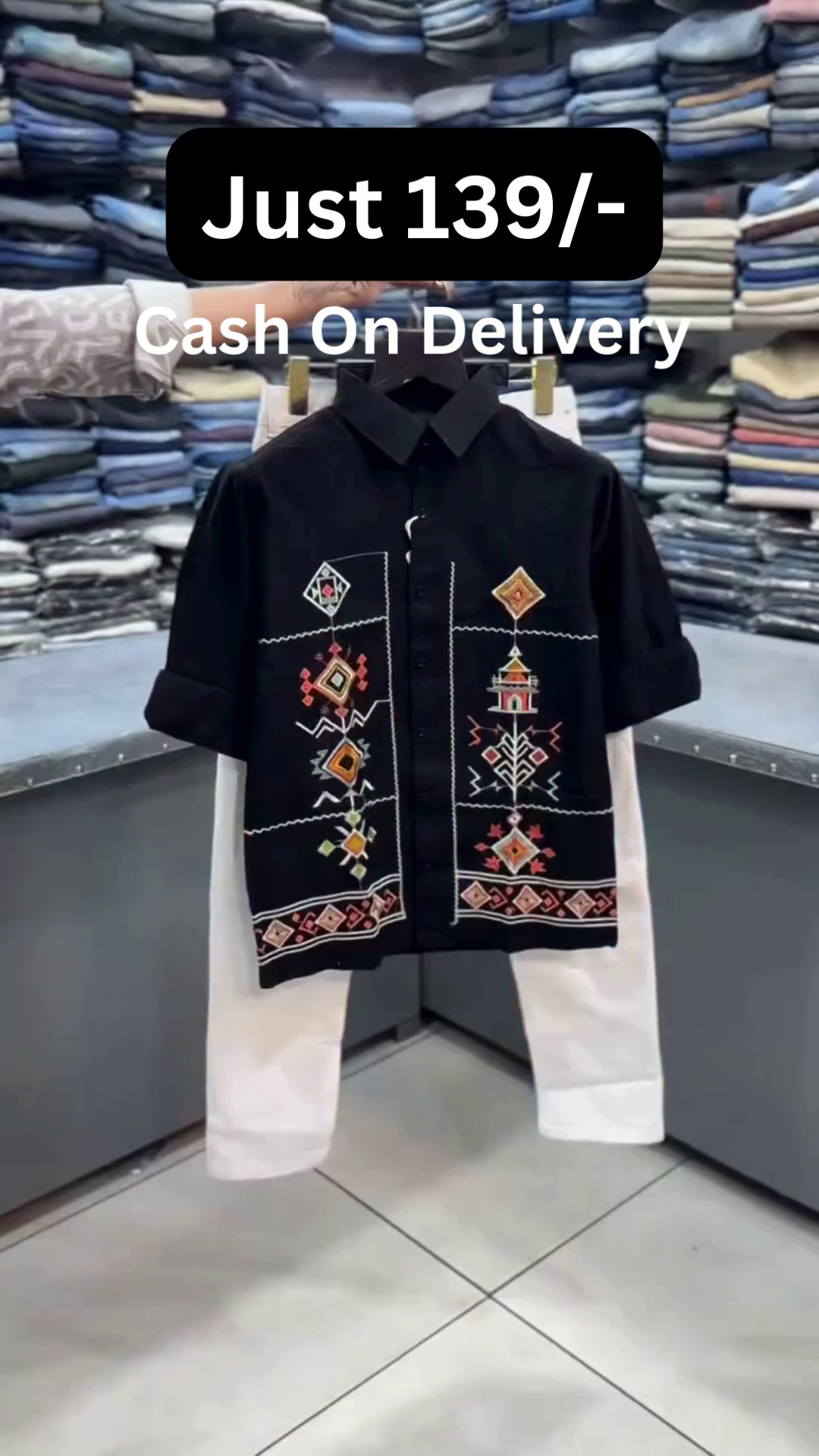 Black Short-Sleeve Ethnic Embroidered Front-Panel Shirt with White Straight-Fit Trousers Co-Ord Set for Men 👕✨